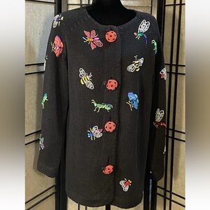 Michael Simon VTG Black beaded Bugs Cardigan GIANT BEADED LADYBUG BUTTONS